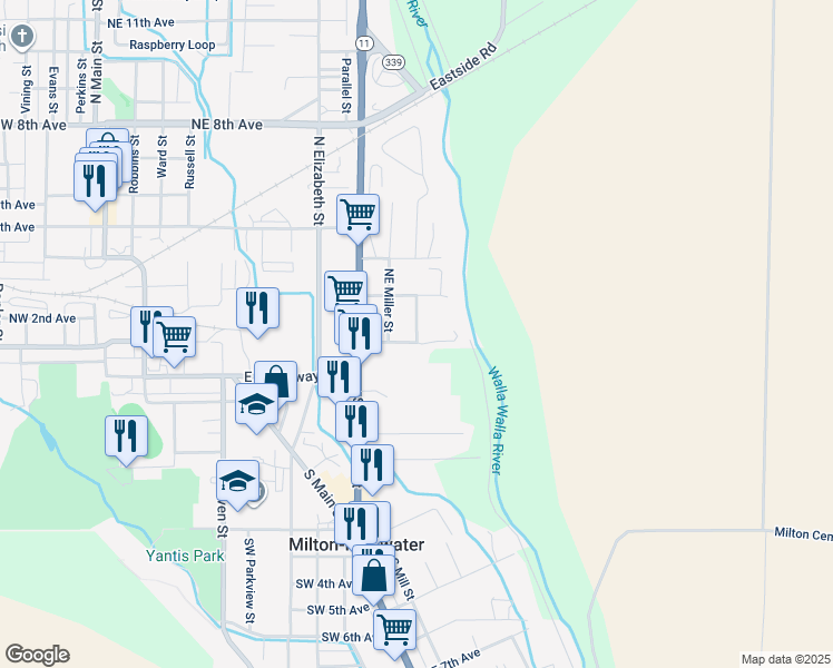 map of restaurants, bars, coffee shops, grocery stores, and more near 122 Northeast Miller Street in Milton-Freewater