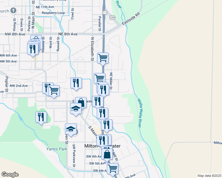 map of restaurants, bars, coffee shops, grocery stores, and more near 122 Northeast Miller Street in Milton-Freewater