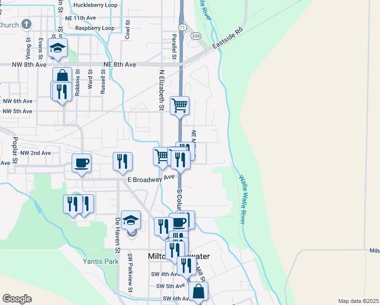 map of restaurants, bars, coffee shops, grocery stores, and more near 287 North Columbia Street in Milton-Freewater