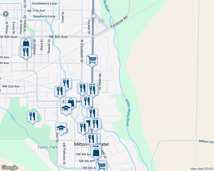 map of restaurants, bars, coffee shops, grocery stores, and more near 122 Northeast Miller Street in Milton-Freewater