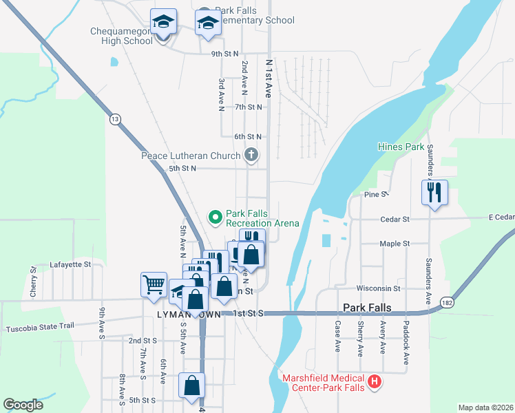 map of restaurants, bars, coffee shops, grocery stores, and more near 477 North 1st Avenue in Park Falls