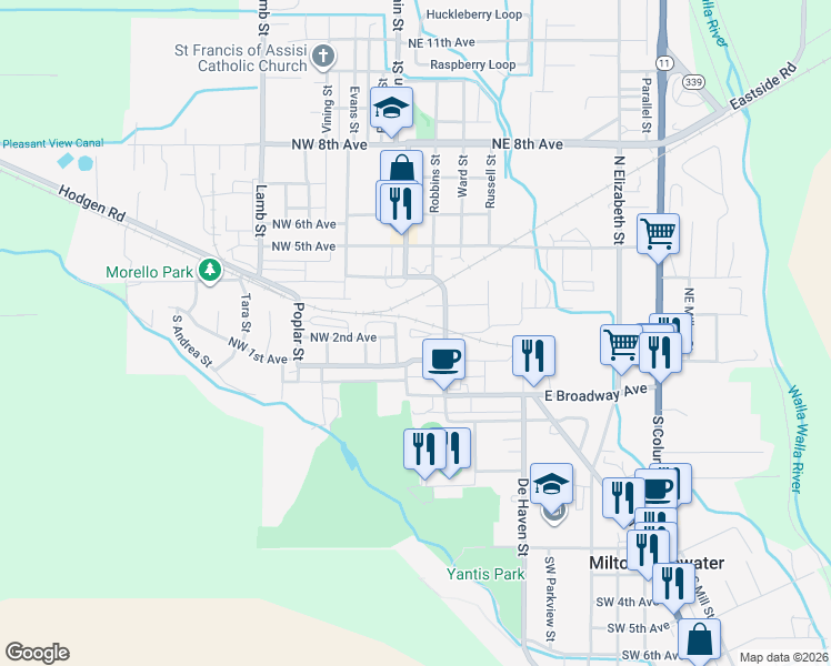 map of restaurants, bars, coffee shops, grocery stores, and more near 115 North Main Street in Milton-Freewater