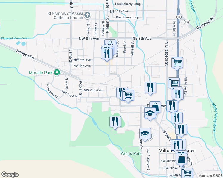 map of restaurants, bars, coffee shops, grocery stores, and more near 115 North Main Street in Milton-Freewater