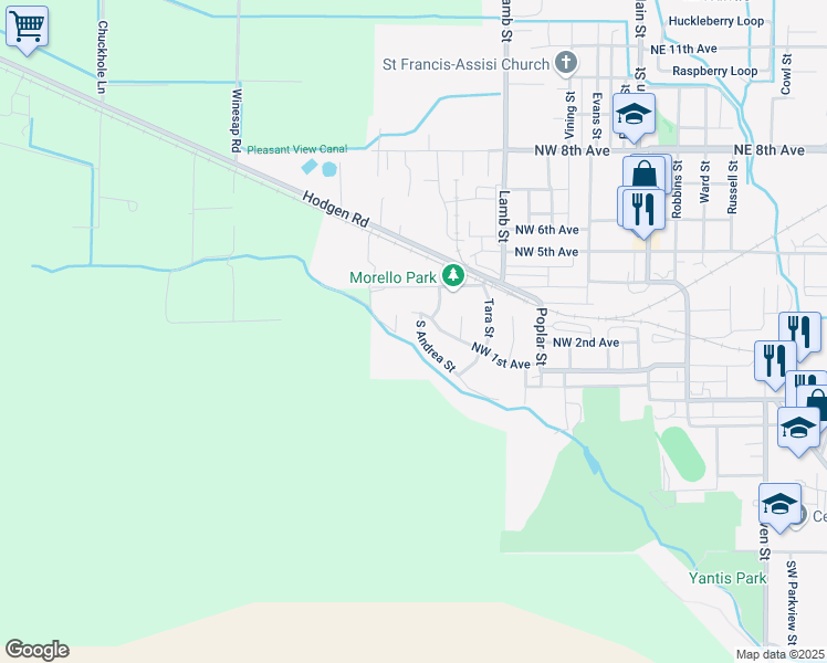 map of restaurants, bars, coffee shops, grocery stores, and more near 3 South Andrea Street in Milton-Freewater