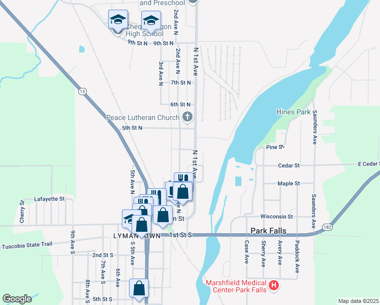map of restaurants, bars, coffee shops, grocery stores, and more near 477 1st Avenue North in Park Falls