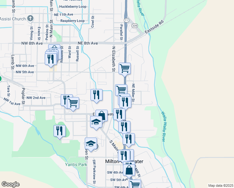 map of restaurants, bars, coffee shops, grocery stores, and more near 287 North Columbia Street in Milton-Freewater