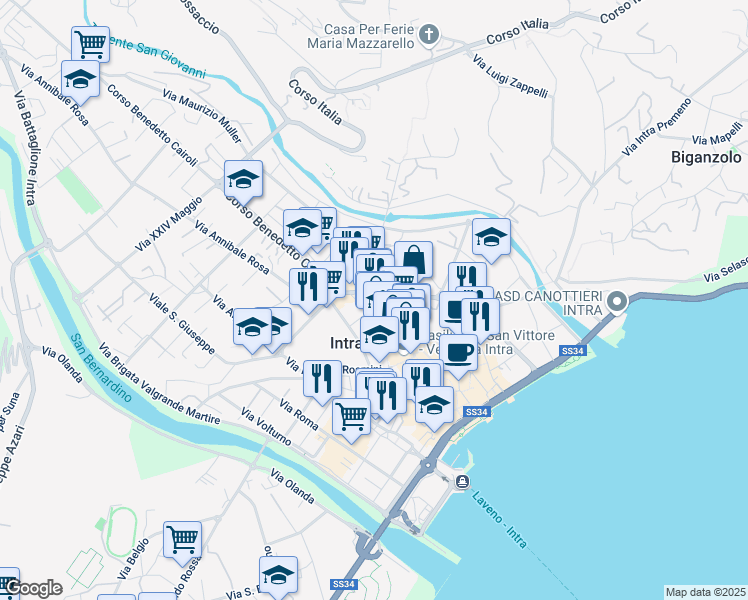 map of restaurants, bars, coffee shops, grocery stores, and more near 41 Via San Vittore in Pallanza