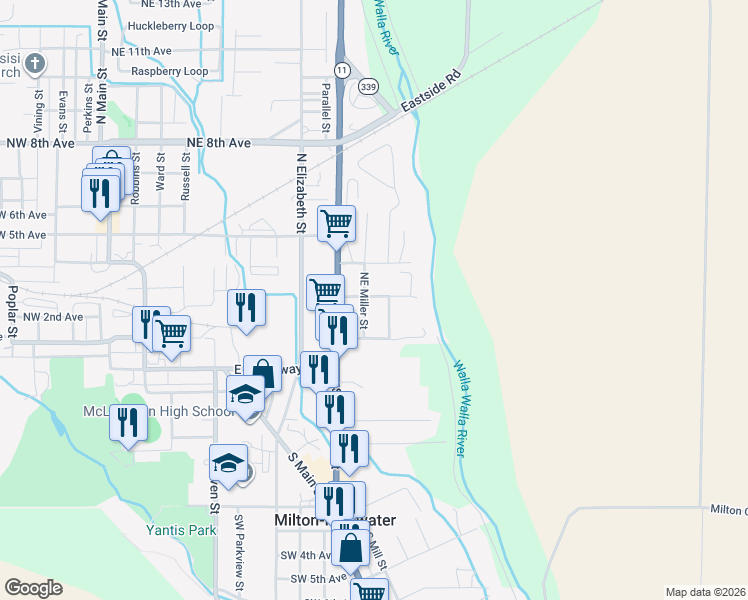 map of restaurants, bars, coffee shops, grocery stores, and more near 122 Northeast Miller Street in Milton-Freewater
