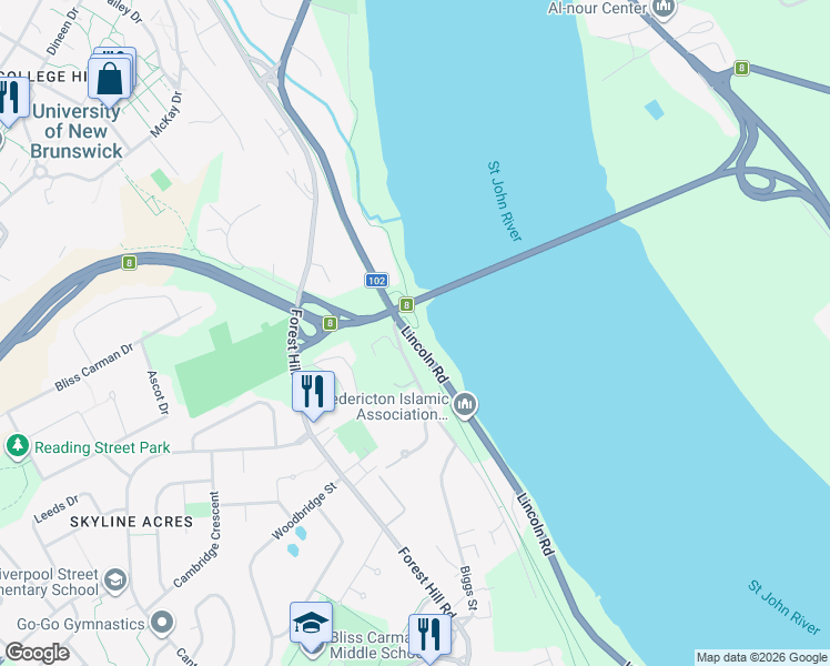map of restaurants, bars, coffee shops, grocery stores, and more near in Fredericton