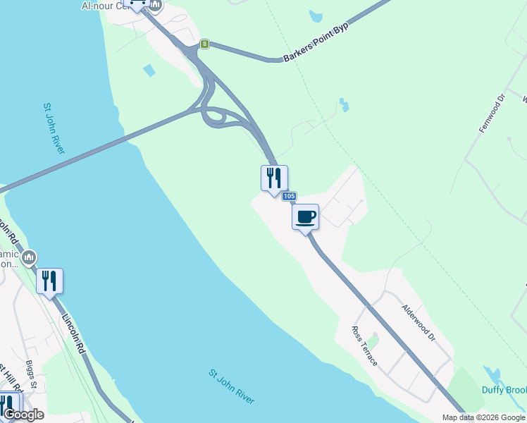 map of restaurants, bars, coffee shops, grocery stores, and more near 500 Riverside Drive in Fredericton