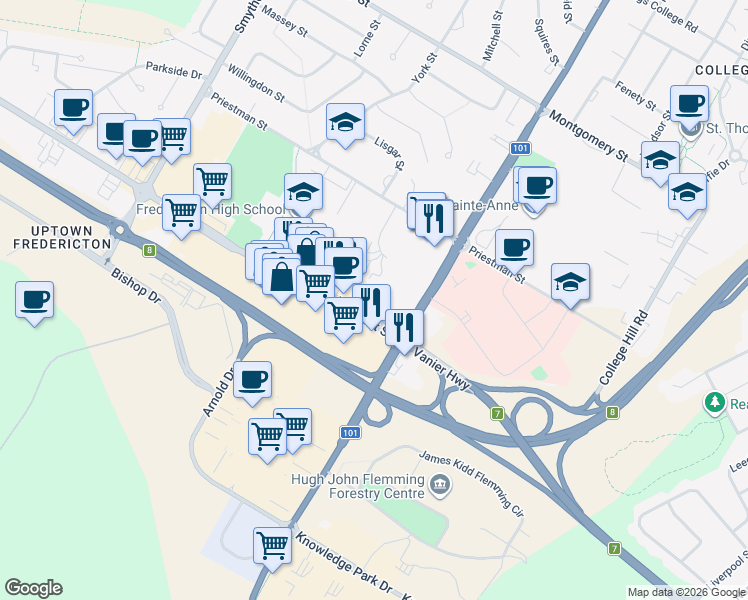 map of restaurants, bars, coffee shops, grocery stores, and more near 1211 Prospect Street in Fredericton
