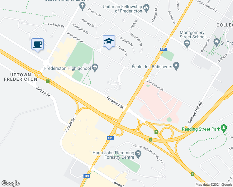 map of restaurants, bars, coffee shops, grocery stores, and more near 1211 Prospect Street in Fredericton