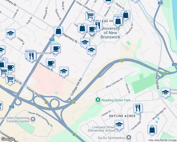 map of restaurants, bars, coffee shops, grocery stores, and more near 980 College Hill Road in Fredericton
