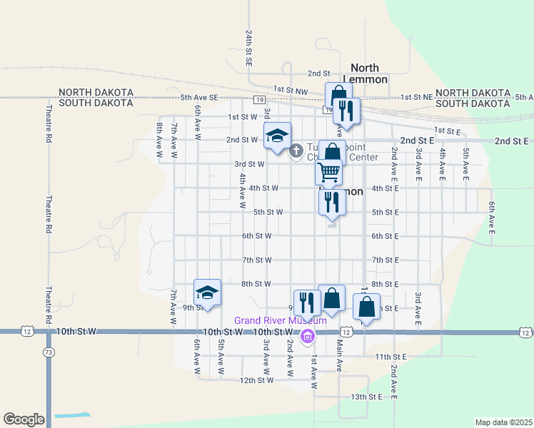 map of restaurants, bars, coffee shops, grocery stores, and more near 507 3rd Avenue West in Lemmon