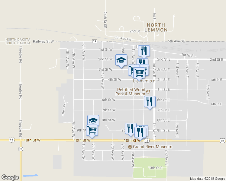 map of restaurants, bars, coffee shops, grocery stores, and more near 507 3rd Avenue West in Lemmon