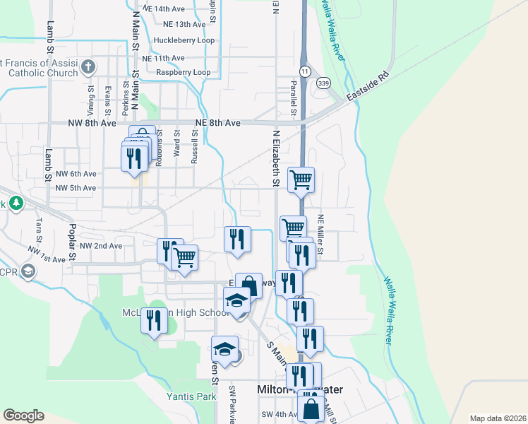 map of restaurants, bars, coffee shops, grocery stores, and more near 311 North Elizabeth Street in Milton-Freewater