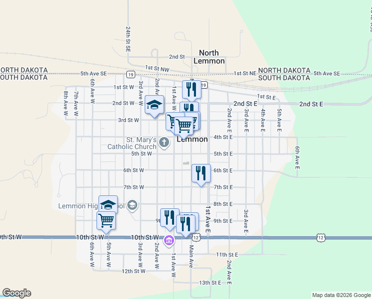 map of restaurants, bars, coffee shops, grocery stores, and more near 400-498 1st Ave W in Lemmon