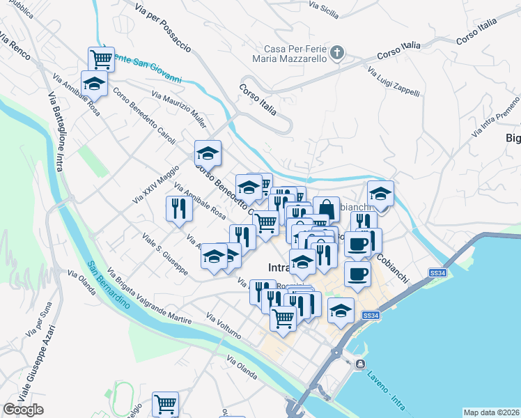 map of restaurants, bars, coffee shops, grocery stores, and more near 35 Via Quattrini in Intra