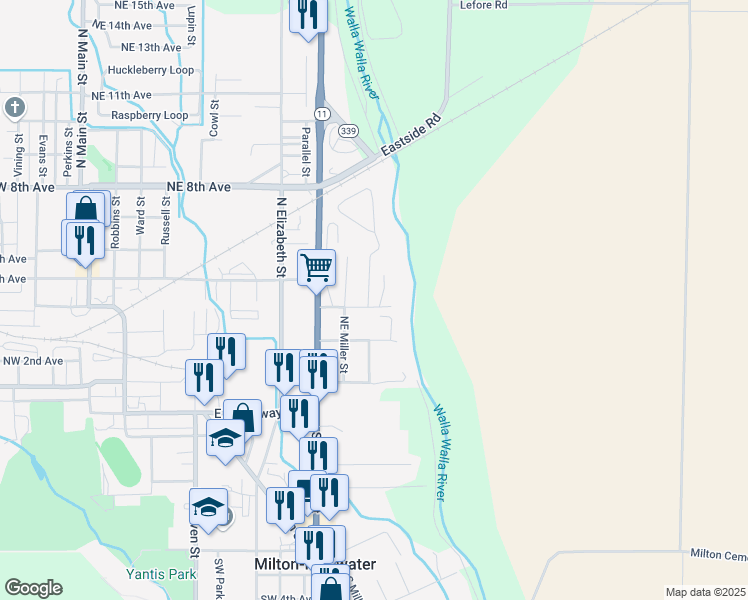 map of restaurants, bars, coffee shops, grocery stores, and more near 1005 Northeast 4th Avenue in Milton-Freewater