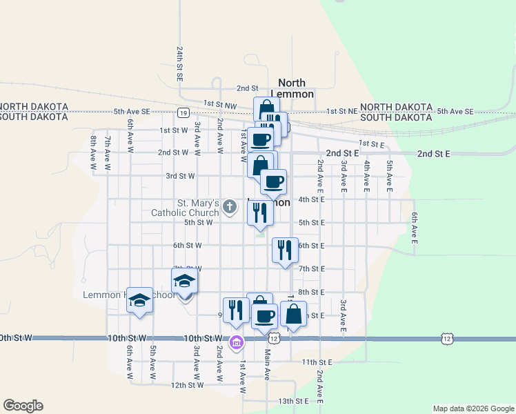 map of restaurants, bars, coffee shops, grocery stores, and more near 498 1st Ave W in Lemmon