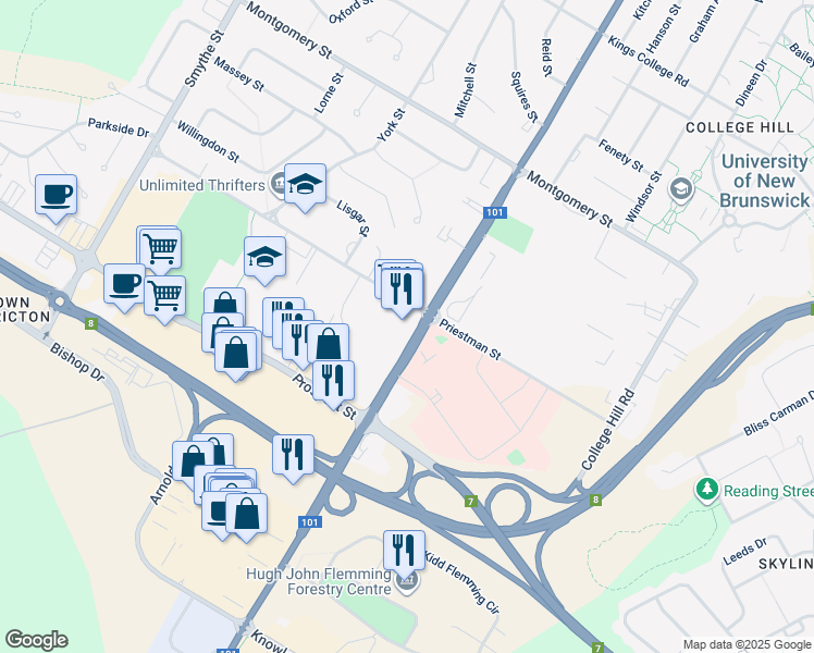 map of restaurants, bars, coffee shops, grocery stores, and more near 1111 Regent Street in Fredericton
