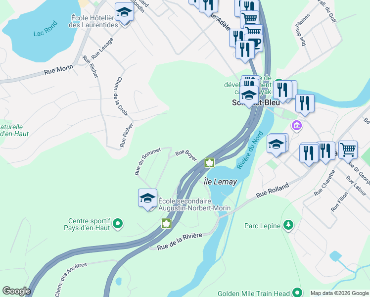map of restaurants, bars, coffee shops, grocery stores, and more near 2802 Rue Boyer in Sainte-Adã¨Le