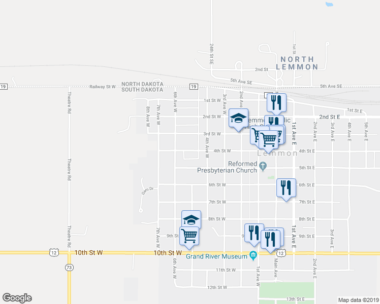 map of restaurants, bars, coffee shops, grocery stores, and more near 400 4th Street West in Lemmon