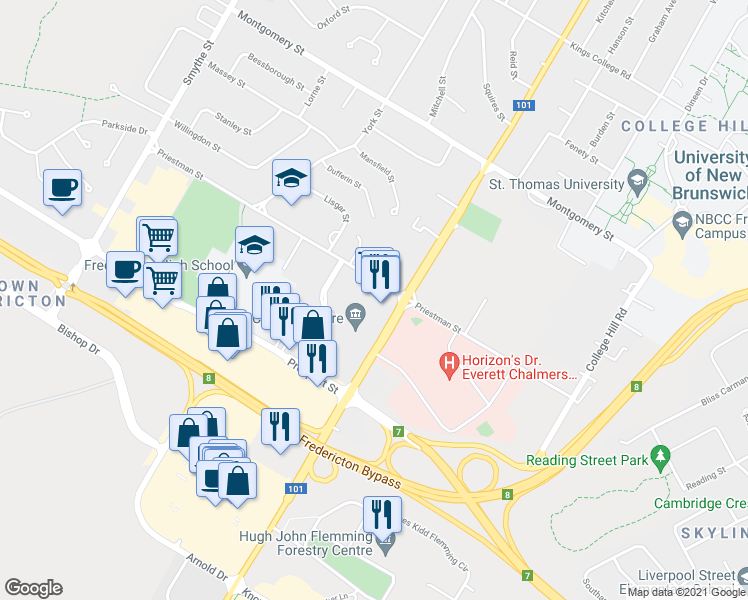map of restaurants, bars, coffee shops, grocery stores, and more near 1111 Regent Street in Fredericton