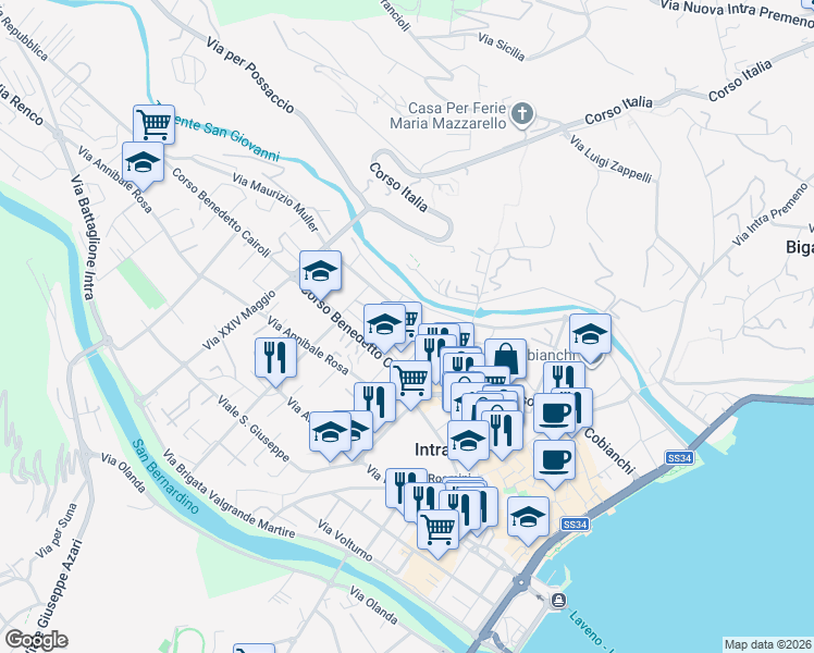 map of restaurants, bars, coffee shops, grocery stores, and more near 35 Via Quattrini in Pallanza