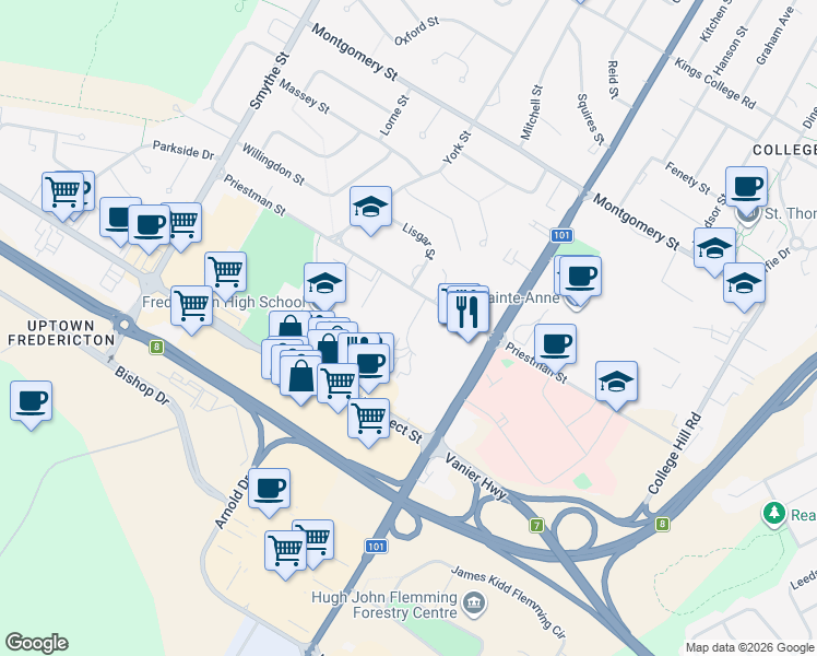 map of restaurants, bars, coffee shops, grocery stores, and more near Abbott Court in Fredericton