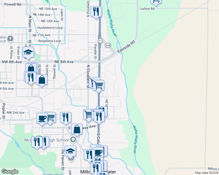 map of restaurants, bars, coffee shops, grocery stores, and more near 440 Northeast Miller Street in Milton-Freewater