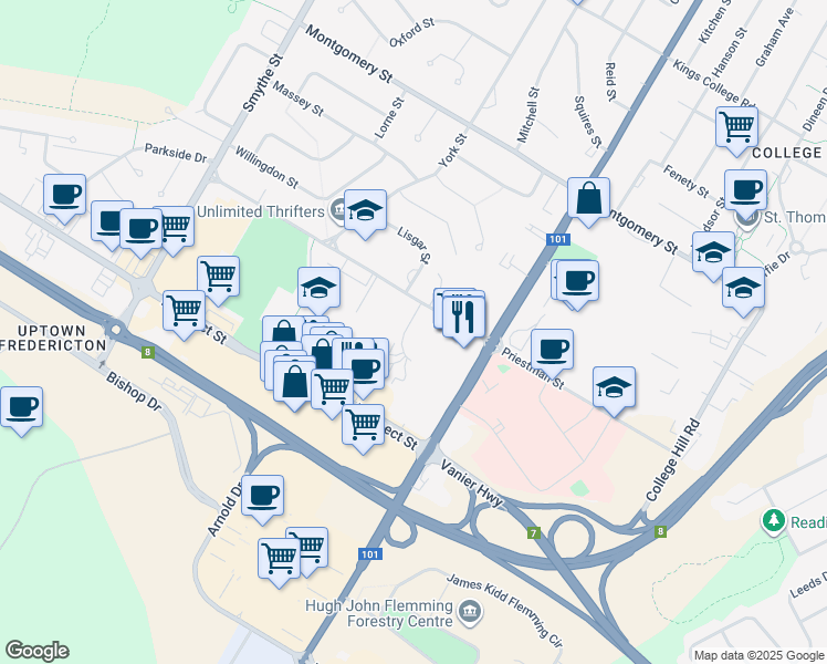 map of restaurants, bars, coffee shops, grocery stores, and more near 26 Abbott Court in Fredericton