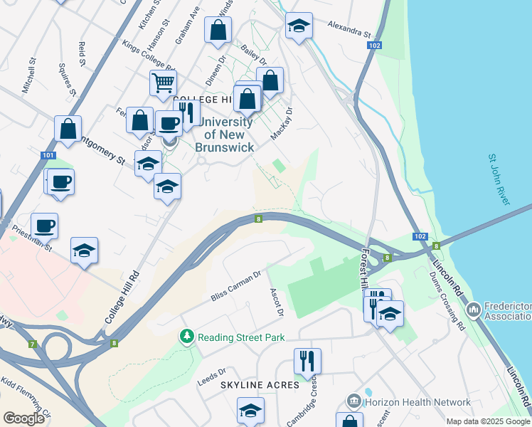 map of restaurants, bars, coffee shops, grocery stores, and more near Route 8 in Fredericton