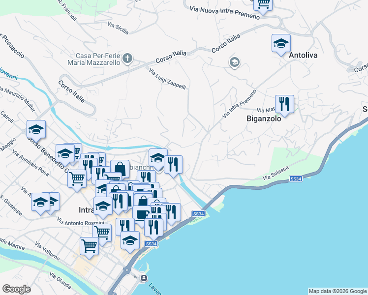 map of restaurants, bars, coffee shops, grocery stores, and more near 7 Via Vignolo in Pallanza