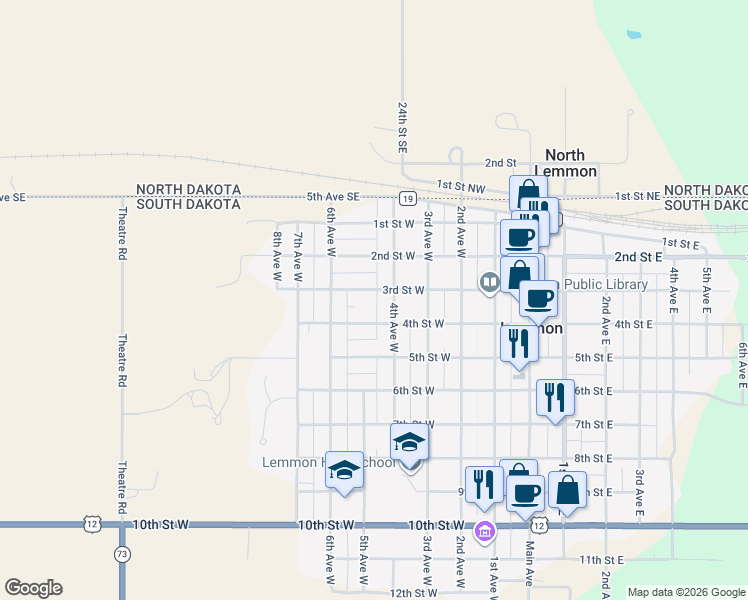 map of restaurants, bars, coffee shops, grocery stores, and more near 401-599 3rd Street West in Lemmon