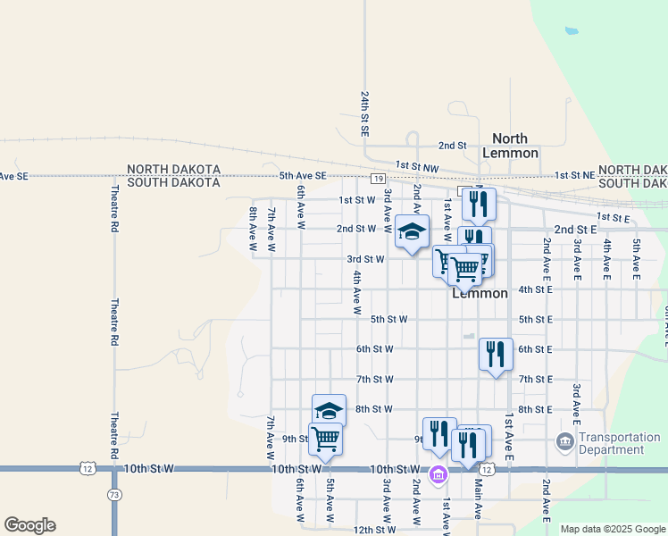 map of restaurants, bars, coffee shops, grocery stores, and more near 401-599 3rd Street West in Lemmon