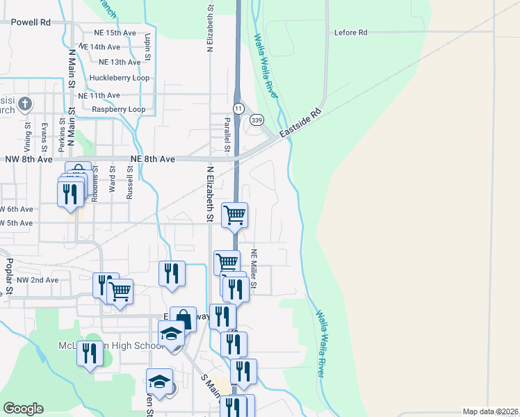 map of restaurants, bars, coffee shops, grocery stores, and more near 440 Northeast Miller Street in Milton-Freewater