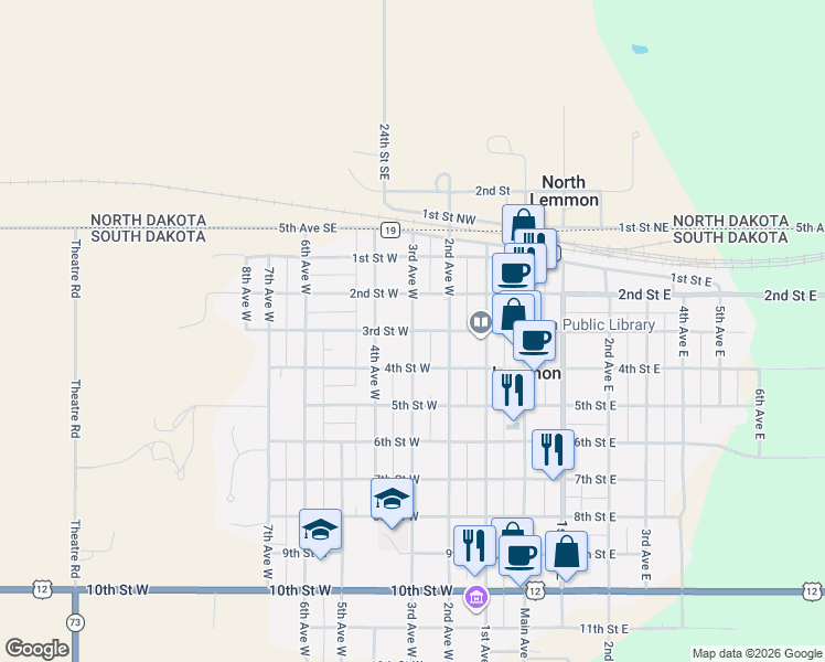 map of restaurants, bars, coffee shops, grocery stores, and more near 301 3rd Street West in Lemmon