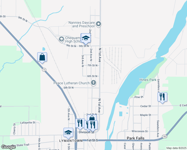 map of restaurants, bars, coffee shops, grocery stores, and more near 704 2nd Avenue North in Park Falls