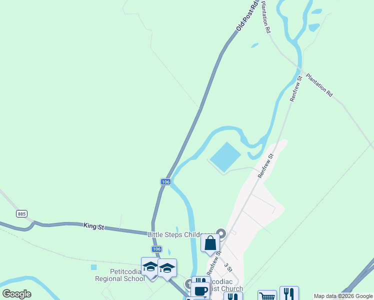 map of restaurants, bars, coffee shops, grocery stores, and more near 112 Old Post Road in Petitcodiac