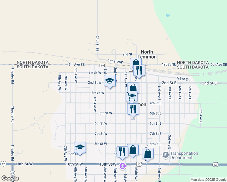 map of restaurants, bars, coffee shops, grocery stores, and more near 209 3rd Street West in Lemmon