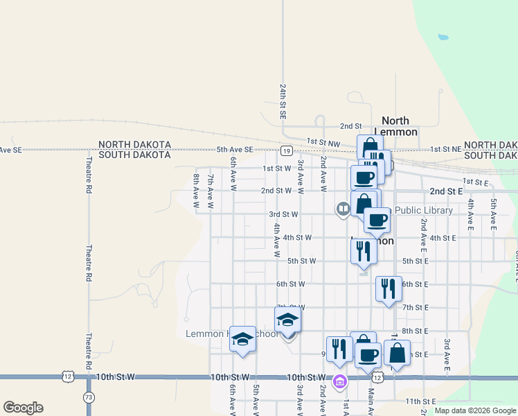 map of restaurants, bars, coffee shops, grocery stores, and more near 401-599 3rd Street West in Lemmon