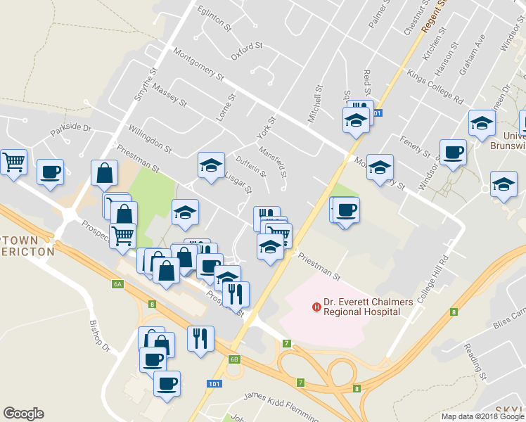 map of restaurants, bars, coffee shops, grocery stores, and more near 564 Venus Court in Fredericton