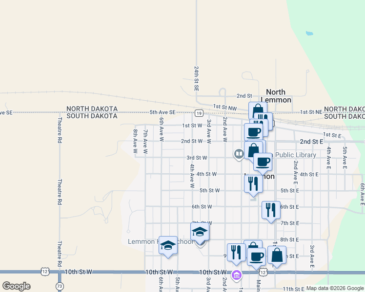map of restaurants, bars, coffee shops, grocery stores, and more near 401-599 3rd Street West in Lemmon