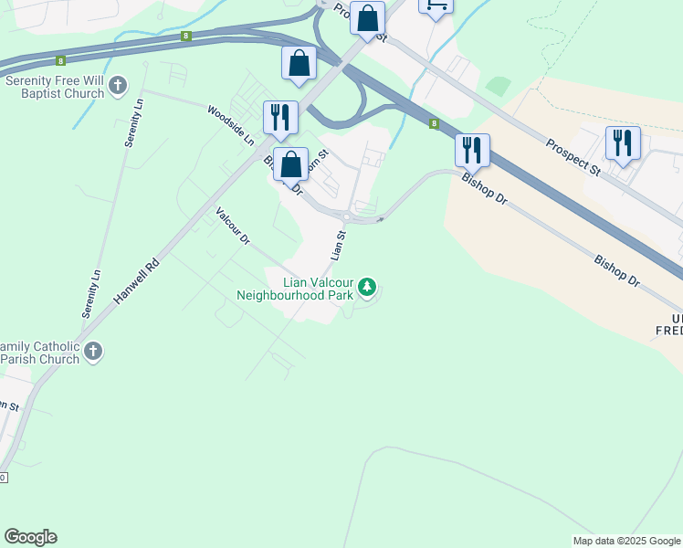 map of restaurants, bars, coffee shops, grocery stores, and more near 50 Lian Street in Fredericton