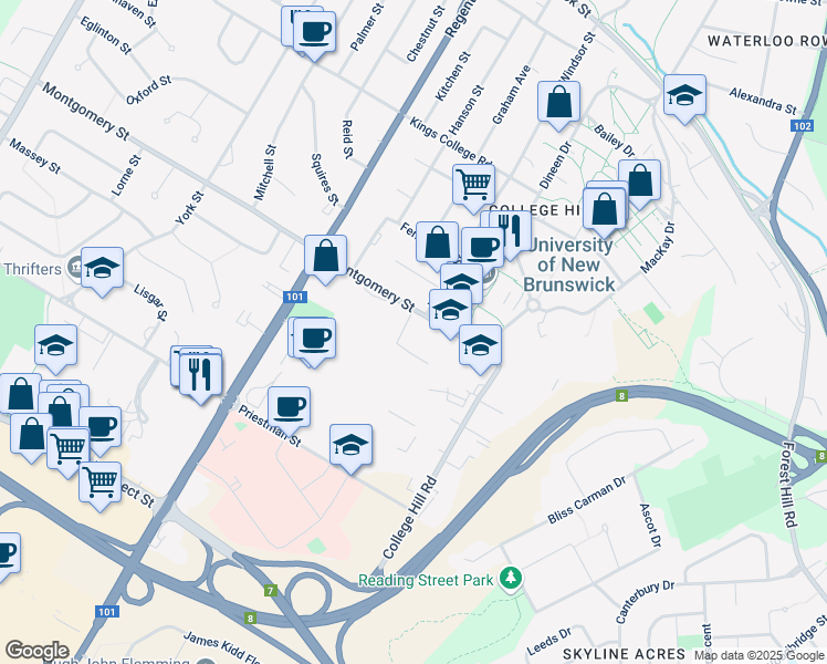 map of restaurants, bars, coffee shops, grocery stores, and more near 780 Montgomery Street in Fredericton