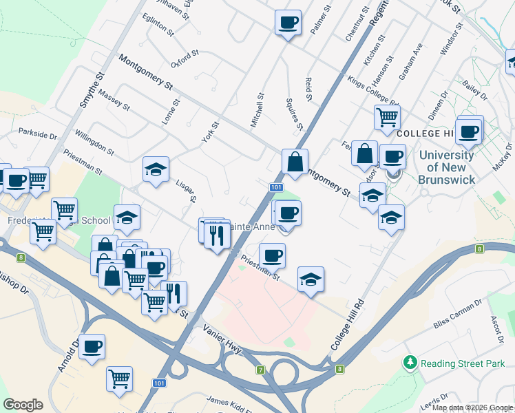 map of restaurants, bars, coffee shops, grocery stores, and more near 991 Regent Street in Fredericton