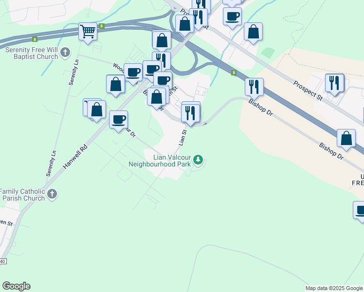map of restaurants, bars, coffee shops, grocery stores, and more near 50 Lian Street in Fredericton