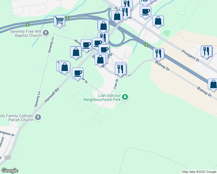 map of restaurants, bars, coffee shops, grocery stores, and more near 51 Lian Street in Fredericton