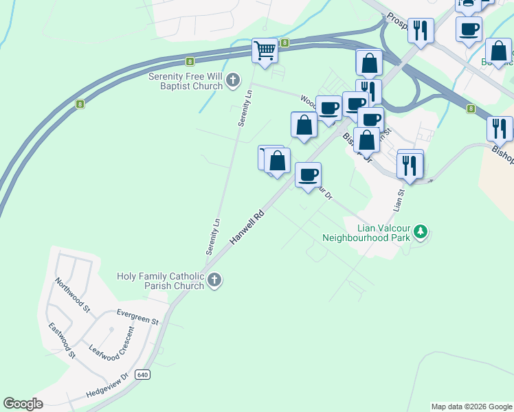 map of restaurants, bars, coffee shops, grocery stores, and more near 1365 New Brunswick 640 in Fredericton